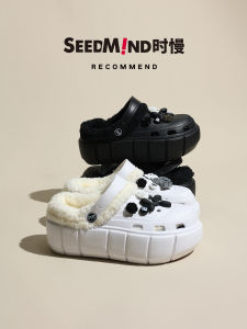 รองเท้าแตะส้นหนาสีดำสำหรับผู้หญิงในฤดูหนาวแบบมีขนแกะ รองเท้าแตะแบบถอดได้ ทรงหัวมน ส้นเตี้ย ผลิตจากยาง EVA