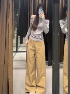 High Waist Wide Leg Straight Cut Jeans American Khaki Long Version for Taller Women Floor Length Narrow Style Denim Pants