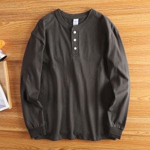 Áo Thun Cotton Nguyên Chất Dài Tay Rộng Rãi Cổ Henry Thời Trang Mùa Thu Phong Cách Nhật Bản Cổ Điển Chất Lượng Cao Cấp
