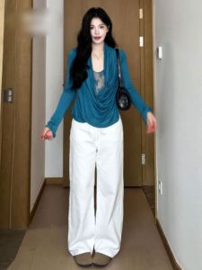 Áo nữ CHANGTONG dài tay cổ chéo phối ren ôm vừa vặn phong cách Hàn Quốc xuân 2025