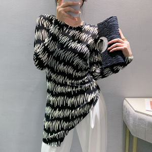 Yimei ôm vừa Áo sơ mi mặc trong in họa tiết đa năng 2023 mùa thu Áo lưới phong cách mới dài tay thời trang thiết kế cảm giác dài xẻ vừa cho nữ