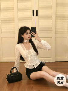 เสื้อเชิ้ตคอวีแขนยาวผ้าลูกไม้ทรงเข้ารูปสไตล์เกาหลีสำหรับผู้หญิง แฟชั่นฤดูใบไม้ผลิและฤดูใบไม้ร่วง