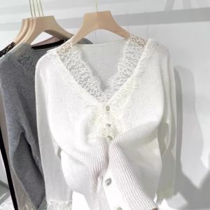 Chic Elegant French Design Fitted Lace Patchwork Knit Sweater