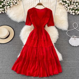 V-neck Red Dress Summer Style Platycodon Grandiflorum French Retro First Love Temperament Fairy Skirt Seaside Holiday Desert Travel Dress
