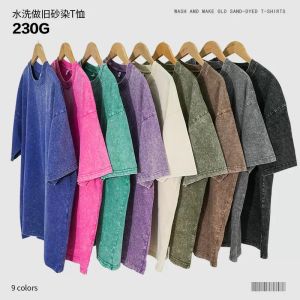 230G oversized retro fried snowflake washed pure cotton t loose bottom round neck pullover heavy t-shirt men