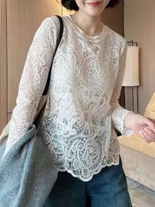 Elegant French White Lace Shirt Womens High Sense Spring Autumn New Fashion round Neck Hollow out Layering Long Sleeve Top