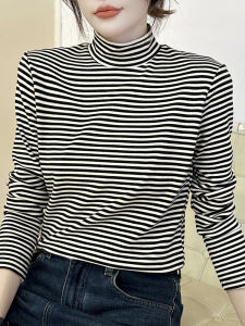 Mock-Neck Stripes T-shirt Womens Long-Sleeved Autumn Clothes Loose Tops Heattech plus Houde Velvet Bottoming Shirt Womens Fall and Winter Inner Wear