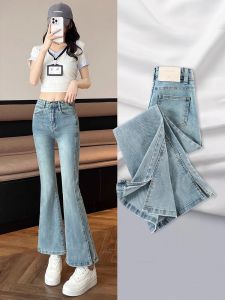Light Blue High Waist Bell Bottom Jeans Womens Summer New Small Size High Waist Split Casual Cotton Stretch Denim Pants