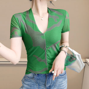Yimei phong cách Châu Âu Blend nhuộm lưới T-Shirt cho phụ nữ trong mùa hè năm 2025 với một v-cổ ôm vừa tay ngắn đầu