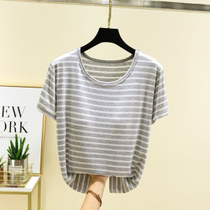 Modal Short-Sleeved T-shirt Womens Summer Thin Wear-Free Bra Casual Tops Plus Size Slimming outside Wear Stripes Bottoming Shirt