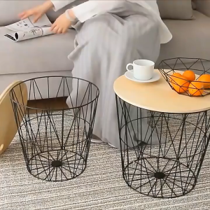 ตะกร้าผ้าเหล็ก หรูหรา สไตล์นอร์ดิก ตะกร้าใส่ผ้าพรีเมี่ยม ใช้ในครัวเรือน หรูหรา ศิลปะเหล็กตะกร้าเสื้อผ้า พร้อมฝาไม้