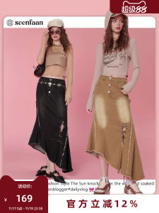 SEENFAAN Váy Ngắn Chữ a Denim Dài Vừa Phải Mùa Thu Cho Nữ Váy Chữ a Bó Sát Dáng Chữ A Váy Ngắn Thường Ngày Cotton 100%