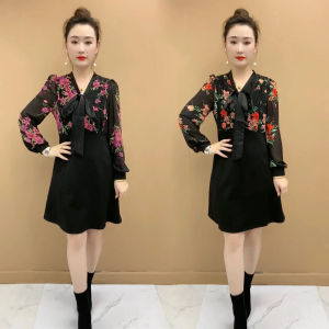 ชุดเดรสยาวแขนยาวคอวีลายดอกไม้สไตล์เกาหลี กระโปรงทรงเอเข้ารูป ชุดเดรสยาวปานกลาง ฤดูใบไม้ร่วง 2023 ชุดเดรสผู้หญิง