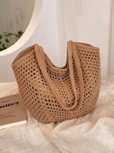 กระเป๋าถือถักแบบถักมือ DIY สำหรับผู้หญิง กระเป๋าสะพายไหล่แบบโปร่งบาง สไตล์เรียบง่าย กระเป๋าถือสำหรับเดินทางแบบสะพายข้าง