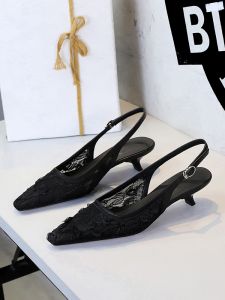 Lace Low Heel Shoes 3cm Hollow Breathable High-End Single Shoes White Pointed Toe Thin Heel Cat Heel Large Size Slip-On Womens Shoes