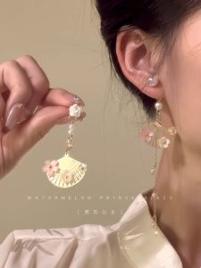"Flower Language Ancient Fan" New Chinese Style National Style Earrings Female Antique Fan Fan-Shaped Retro Han Chinese Clothing Cheongsam Tassel Earrings