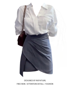 Fashionable Plus Size Womens Suit Jacket V-Neck Short Sleeve White French Style Fashion Ensemble with Skirt