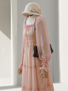 Pink Long Sleeve Chiffon Dress Womens High Waist Romantic French Style Square Collar Fairy Skirt Autumn New Arrival A-Line Dress