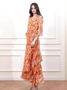Romantic Orange Flower French Beach Slimming Dress