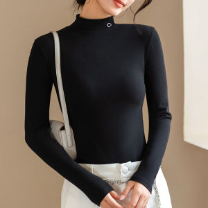 Dralon Half Turtleneck Fleece-lined Thickened Bottoming Shirt Autumn and Winter Long Sleeve T-shirt Minimalist Strip Slim Looking Slim Fit Warm Tops