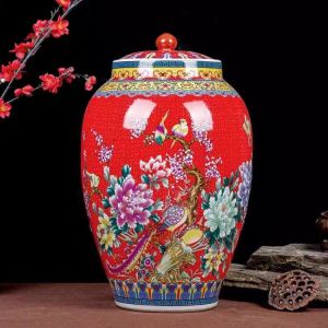 Ceramic rice jar rice bucket rice storage box clay pot rice dispenser 10kg/15kg/25kilos airtight storage tank with lid household moisture-proof insect-proof porcelain jar big rice container