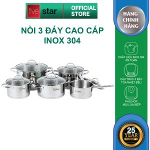 Bộ nồi quánh 3 đáy inox 304 cao cấp FiveStar Plus kiểu Silit 5 chiếc nắp kính (quánh16cm xN16cmx2N 20cm x1N24cm )