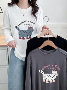 Áo Thun Nữ Tay Dài Cổ Tròn in Hình Mèo Cổ Điển Mỹ Dáng Ôm Vừa Vặn Mùa Xuân Thu Thường Ngày Chất Liệu Cotton Phong Cách Hàn Quốc