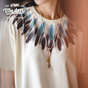 MADEN Thương Hiệu Quần Áo Bảo Hộ Lao Động Phong Cách Mỹ Retro Nặng Ấn Độ Ngắn Tay In Hình Lông Vũ Cotton Thả Vai Áo Thun Nữ Đau Khổ