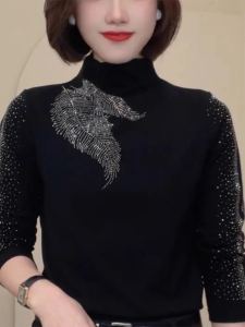Thickened Warm Half High Collar Base Shirt Womens Fashionable Diamond Embellished Long Sleeve Inner Wear Mommy Style Winter Top
