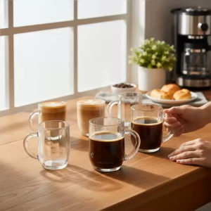 Bộ 12 Ly Thủy Tinh Quai Cầm The Wide Mouth Miệng Rộng Uống Cà Phê Trà Sữa Nước Ép Gia Đình Dung Tích 300ml