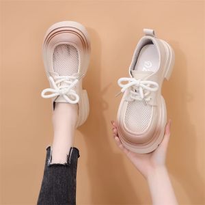 Womens Breathable Hollow out Thick Bottom Loafers Spring Summer Fashion Single Shoes round Toe mid Heel Korean Style Shoes