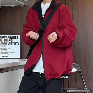 แจ็คเก็ตกันลมกลางแจ้งสีแดงสำหรับผู้ชาย แจ็คเก็ตคอตั้งแบบใส่ได้สองด้าน ทรงหลวม สไตล์ฤดูใบไม้ผลิและฤดูใบไม้ร่วง