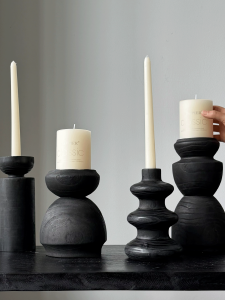 Zen Style Charred Wood Black Candle Holder Set