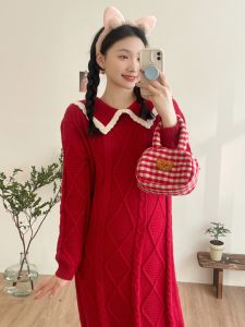 Red Knitted Sweater Dress Doll Collar Year of the Monkey Celebration Spring Autumn Winter Long Sleeve Midi Dress Womens Fashion