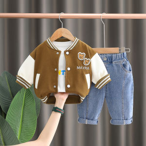 ชุดกีฬาเบสบอลเด็กผ้าฝ้ายแท้ 3 ชิ้น ฤดูใบไม้ร่วง 2023 ใหม่ 1-3 ปี เสื้อคาร์ดิแกนเด็ก ชุดลำลอง เทรนด์ใหม่