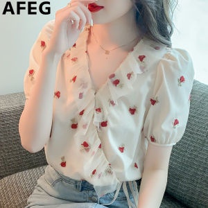AFEG new Korean version V-neck short bow fashion loose embroidered chiffon stitching mesh short sleeve blouse
