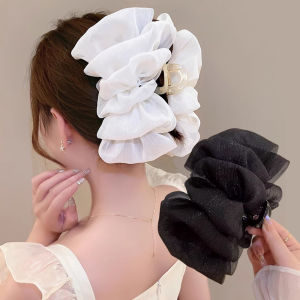 โบว์กิ๊ฟหนีบผมปิ่นปักผมเจ้าหญิงสีขาวสีดำแบบหวานพร้อมที่หนีบกิ๊บหนีบผมแบบมีที่หนีบมีฟองตาข่ายขนาดใหญ่ที่หนีบผมปากปลาฉลามเครื่องประดับผมสำหรับผู้หญิง