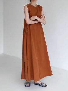 K-style Plus Size Womens Clothing Casual Baggy Tank Dress Minimalist Pure Color Sleeveless round Neck Mid-Length Dress Dress