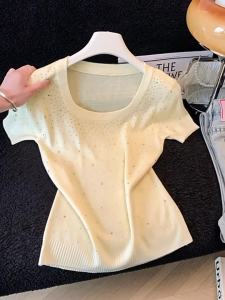 Áo Thun Knit Dáng Rộng Tay Ngắn Cổ Vuông Màu Vàng Ảnh Chụp