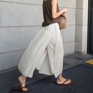 Artistic Retro Elegant Capri Culottes Women Thin Fake Two-Piece Cotton and Linen Loose Slimming Split Wide-Leg Straight Pants
