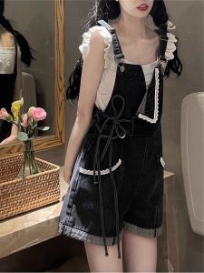 กางเกงขาสั้นยีนส์ทรงหลวมสำหรับผู้หญิงในช่วงฤดูร้อน กางเกงขายาวทรงหลวมสำหรับผู้หญิง ชุดสองชิ้น เทรนด์ใหม่ ทรงสลิม เอวสูง สีดำ