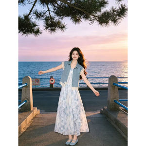 YINGKETUO | French Lace Denim Vest Flower Print Strap Dress Set For Summer Beach