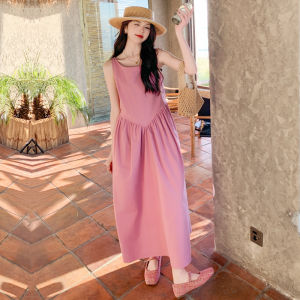 Pink Lace Sleeveless Long Dress Womens Summer New Two-Piece Set Sun Protection Soft Style Korean Version A-Line Dress