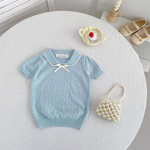 18M-7Y Kids T-shirt 2026 New Summer Hollow-out Ventilate Children Clothes Cute Bow Girls Knitted Tee
