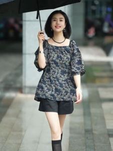 Summer New Womens Loose Square Collar Printed Chiffon Top Sweet Countryside Style mid Sleeve Large Size Overalls Fashion