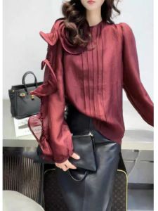 Chic Elegant Womens Shirt Early Autumn New European Style Small Top French Minimalist High-End Feeling Long Sleeve round Neck