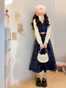 Fall and Winter Retro College Style V Neck Gingham Sweet Strap Dress Female Nipped-Waist Vest Dress Bandage Dress Shirt Outfit