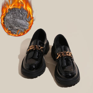 Black Leather Flats Womens Shoes Spring Autumn Versatile Thick Heel Loafers British Style Fashionable round Toe Rubber Outsole