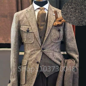 XS-6XL Mens Suit Brown Herringbone Blazer Tuxedos Only Coat Wool Tweed Single Breasted Formal Bussiness/Wedding Prom Jacket