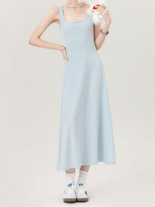 Blue Sleeveless Square Collar Vest Long Dress Women Spring Summer Inner Wear Slimming French Waist Cinching Strap Dress